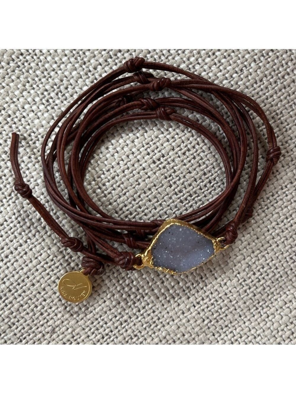NINA NGUYEN Wrap Bracelet Leather Cord Purple Druzy Gold Tone Setting Boho Chic